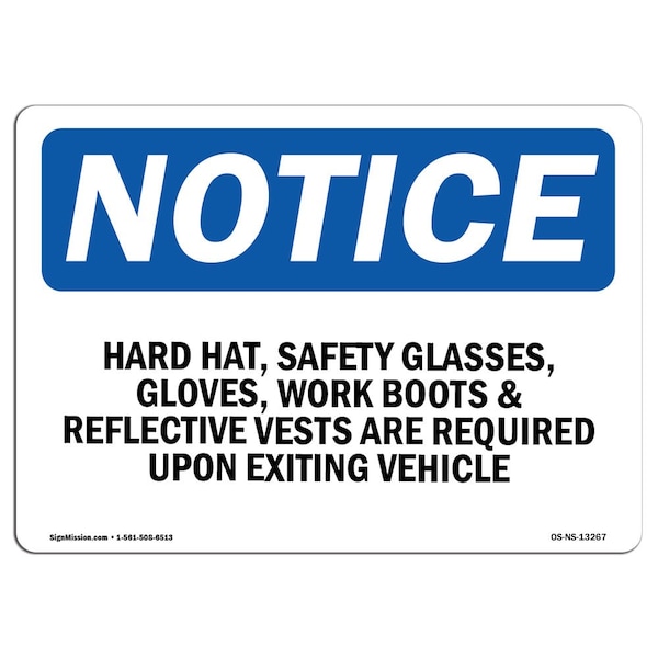 OSHA Sign, Hard Hat Safety Glasses Gloves Work Boots, 10in X 7in Aluminum, 10" W, 7" H, Landscape